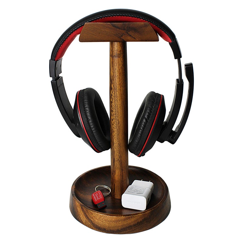 WRIGHTMART Wooden Headphone Stand with Tray â€“ Solid Acacia Headset Holder for Desk Organization, Universal Fit for Sony, Bose, Beats, Gaming Headsets & Controllers - Image 1